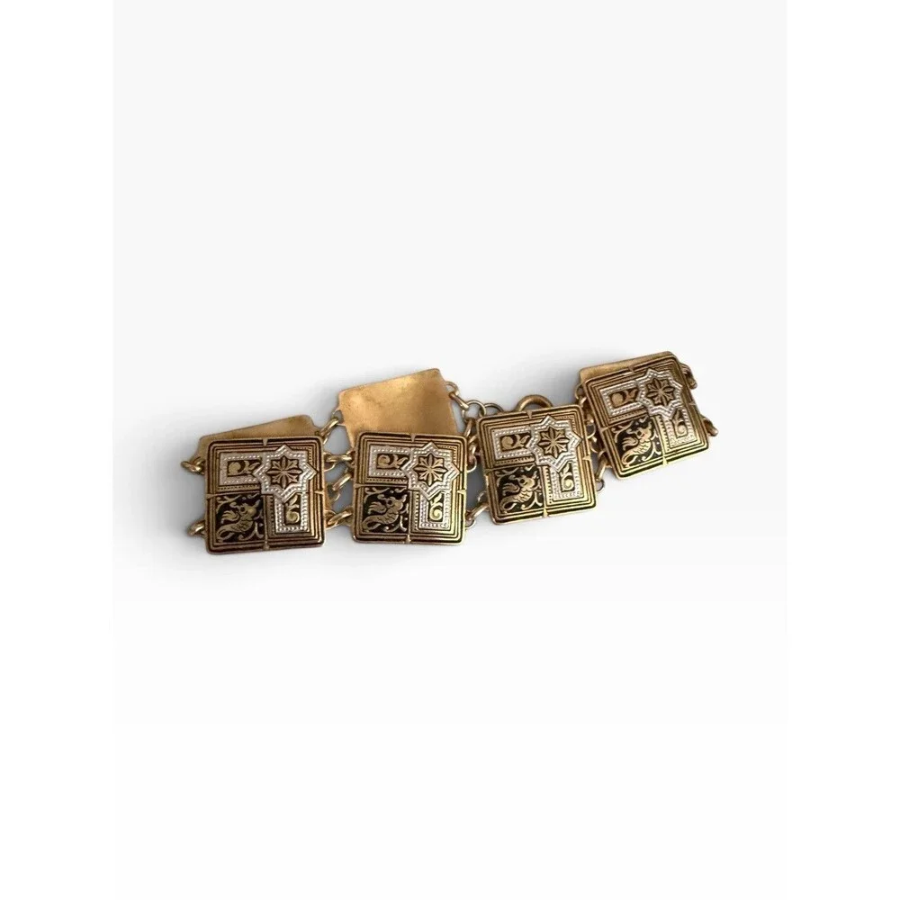 Vintage Damascene Gold Tone Safety Chain Square Link Bracelet